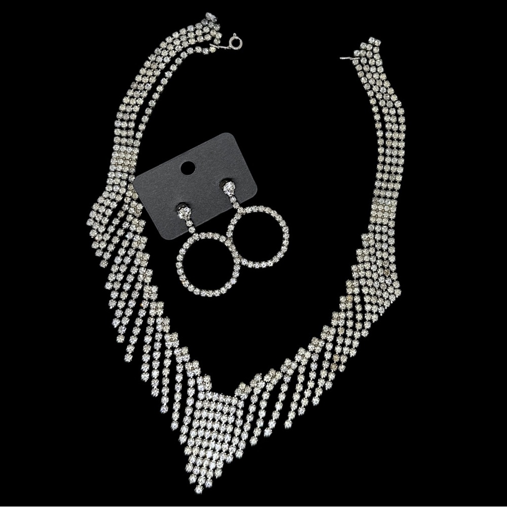Estate Jewelry Silver Tone Clear Rhinestone Necklace and Earrings Bundle VTG